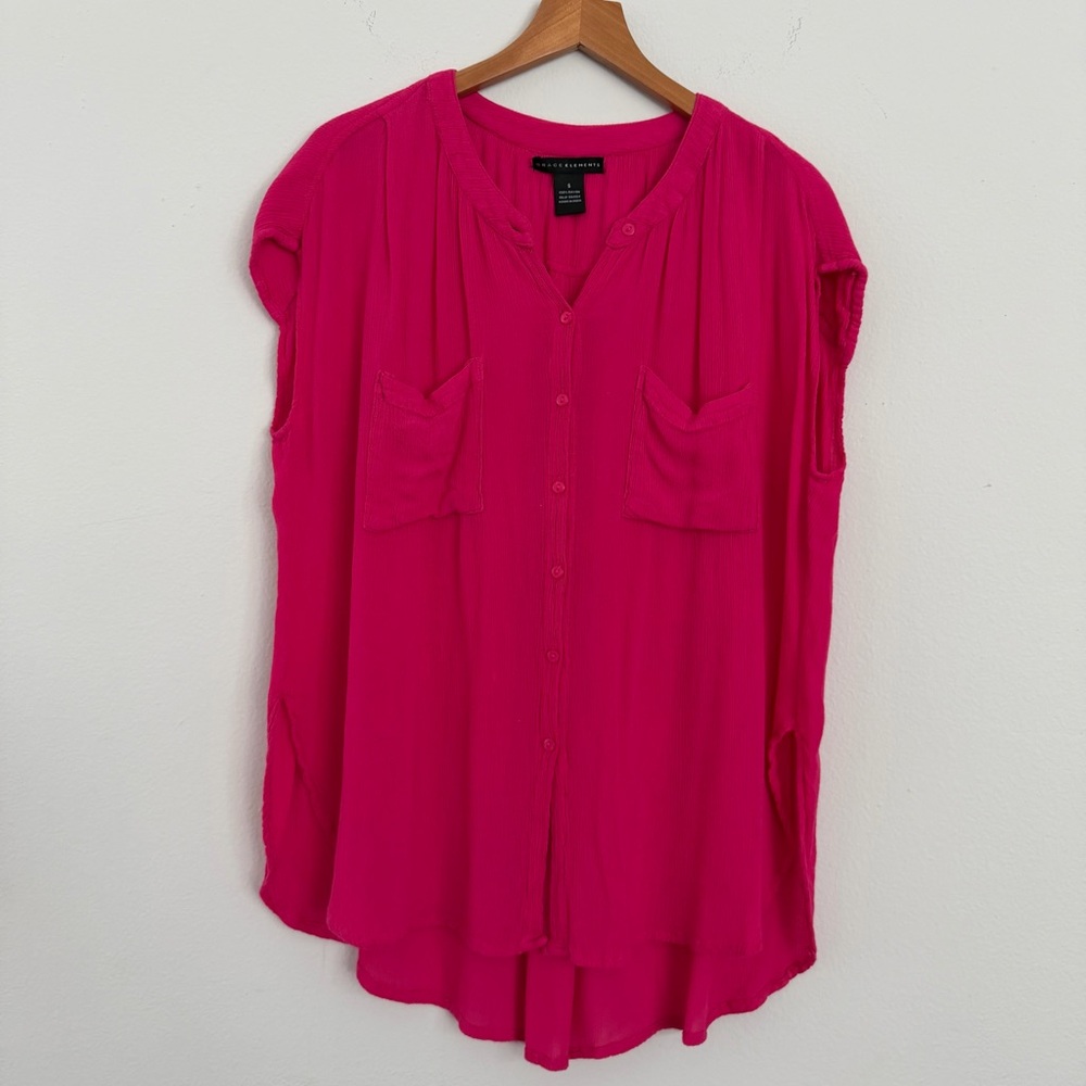 Grace Elements Hot Pink Crinkle Gauze Button Front Tunic Blouse Oversized Small